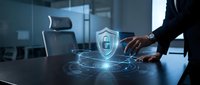 Professional businessman activating holographic cybersecurity shield interface on modern office desk with glowing digital protection technology elements.