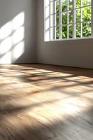 Sunlight streaming through window casting geometric shadows on wooden floor in empty minimalist room with white walls and green foliage view outside.