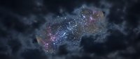 Cosmic nebula with glowing particles and stardust in deep space surrounded by dark clouds. Fantasy astronomy background for science fiction projects.