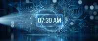 Digital clock displaying 7:30 AM surrounded by glowing circuit board patterns and technological elements for modern time management concepts.
