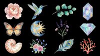 Watercolor nature elements including pink peony flower, hummingbird, eucalyptus leaves, gemstones, butterfly, seashell, lavender, peacock feather and coral isolated on transparent background. Ready for t-shirt design, clipart, stickers and print-on-demand projects.