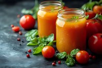 Fresh homemade tomato gazpacho soup in glass jars with basil leaves, cherry tomatoes and pink peppercorns on dark stone background, healthy summer food.