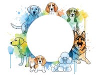 Colorful watercolor dog breeds frame with blank circle space for text. Various canines including retriever, beagle, shepherd creating decorative border design.
