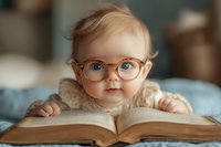 Adorable blonde toddler with glasses reading open book, early childhood education and learning development concept for parenting materials.