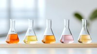 Laboratory glassware with colorful liquids in conical flasks arranged in row on wooden surface against light background, scientific research concept.