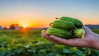 Fresh organic cucumbers held in farmer's hand at sunset over agricultural field. Harvest season concept for healthy eating and sustainable farming practices.