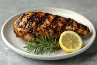 Grilled chicken breast with charred grill marks served on white ceramic plate, garnished with fresh rosemary sprig and lemon slice on gray concrete background.