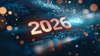 Glowing number 2026 on dark blue technology background with digital particles and bokeh lights creating futuristic new year celebration atmosphere.