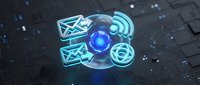 Digital communication network with glowing email and wifi symbols on futuristic circuit board background for technology and connectivity concepts.