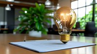 Glowing light bulb on document against modern office interior with green plants and windows, symbolizing bright business ideas and innovation.