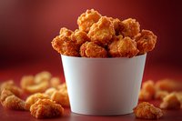 Crispy golden popcorn chicken pieces in white paper bucket against dark red background, selective focus on crunchy breaded nuggets with scattered pieces.