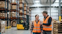 Two warehouse workers in safety vests discussing logistics in modern distribution center with forklift and storage shelves in background.