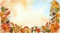 Watercolor autumn border frame with colorful fall leaves, acorns, pine cones, and red berries on warm beige background with copy space.