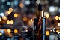 Luxury amber glass dropper bottle with golden cap against bokeh lights background for premium skincare and cosmetic products.