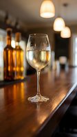 Glass of white wine on wooden bar counter with warm ambient lighting and bottles in background for restaurant and hospitality concepts.