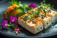 Gourmet sushi rolls with salmon and cream cheese topped with sesame seeds and fresh herbs, garnished with purple flowers and cucumber on dark plate.