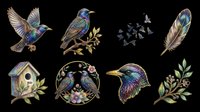 Iridescent starling bird clipart set isolated on transparent background, featuring flying bird, perched birds, feather, birdhouse, floral wreath, and botanical branches for t-shirt design.