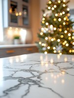 Marble kitchen countertop with blurred Christmas tree and bokeh lights in background creates cozy holiday atmosphere in modern home interior.
