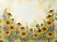 Watercolor wildflower meadow with yellow daisies and purple blooms on soft textured background for botanical designs and nature-themed projects.