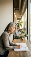 Mature woman with gray hair wearing beige cardigan writing on clipboard at wooden table by window in modern cafe or office space with blurred background and potted plants.