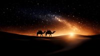 Desert caravan silhouette with camels walking across sand dunes under starry night sky and bright sunrise creating dramatic landscape scene.