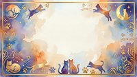 Watercolor cat border frame with gold accents, paw prints, and moon elements in blue, purple, and orange tones, perfect for greeting cards.