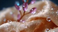 Delicate water drops on soft peach fabric with pink floral elements create dreamy macro composition with bokeh effect and morning dew sparkles.