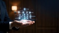 Businessman holding holographic digital network with glowing connections and data nodes floating above palm in dark office environment for technology presentations.