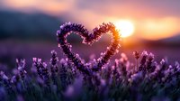 Heart shape formed by lavender flowers silhouetted against golden sunset sky, creating romantic purple mood in summer field. Perfect for valentines designs.