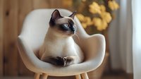 Elegant Siamese cat with blue eyes resting in a modern white chair, creating a serene home atmosphere with soft natural lighting and dried flowers in background.