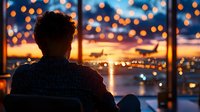 Young man silhouetted against airport window at sunset, watching planes with bokeh lights creating dreamy atmosphere. View from terminal shows aircraft on runway.