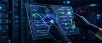 Cybersecurity analyst examining network security dashboard on futuristic holographic tablet interface in data center environment for digital protection monitoring.