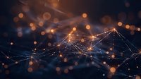 Abstract network of glowing orange dots connected by light lines against dark background with bokeh effect, creating futuristic technology visualization.