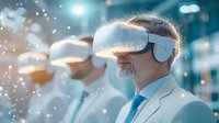 Mature businessman in white suit wearing VR headset with glowing particles effect, exploring virtual reality in modern corporate environment. Future technology concept.