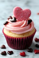 Valentine's Day cupcake with pink frosting, sugar heart decoration and chocolate candies for romantic celebration and holiday baking.