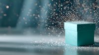 Teal gift box surrounded by sparkling glitter particles against blurred teal background, creating magical festive atmosphere for holiday celebrations.