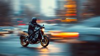 Motorcyclist riding through city streets at night with motion blur effect capturing speed and urban energy for transportation and lifestyle concepts.