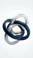 Abstract interlocked rings in navy blue and silver creating dynamic geometric sculpture on white background for modern design projects.