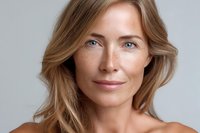 Portrait of mature woman with blonde hair, blue eyes and natural freckles against neutral gray background, showcasing authentic beauty and confidence.