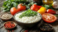 Steamed white rice garnished with herbs surrounded by fresh vegetables, tomatoes, colorful bell peppers and assorted spices in wooden bowls on rustic table. Food preparation.