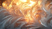 Delicate frost patterns on window glass illuminated by warm sunrise light create natural feather-like crystal formations in orange and blue tones. Winter morning atmosphere.