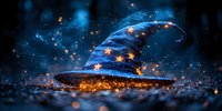 Magical wizard hat with glowing golden stars and sparkles on dark blue background with bokeh lights, mystical Halloween concept for fantasy designs.