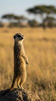 Meerkat standing upright on a rock, alert and watchful in golden savanna grassland with acacia trees in warm sunlight.