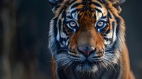 Majestic tiger portrait with piercing blue eyes and orange striped fur pattern. Wild big cat face close-up showing detailed whiskers and facial features.