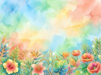Watercolor tropical floral background with vibrant blooms and lush foliage in pastel rainbow hues, perfect for cards, invitations, and digital designs.