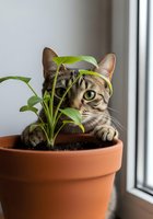 Tabby cat with green eyes sitting in terracotta pot with houseplant by window, playful pet and indoor gardening concept for home decor and lifestyle content.