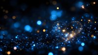 Sparkling blue heart with golden bokeh lights and glittering particles creating magical romantic atmosphere for Valentine's Day celebrations and love concepts.