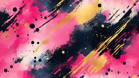 Abstract pink and gold paint splashes with black accents create dynamic artistic background with scattered dots and brush strokes for creative projects.
