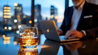 Businessman working late with whiskey glass in foreground against city lights backdrop, laptop on desk, evening urban office atmosphere with bokeh reflections.
