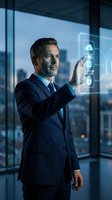 Professional businessman interacting with futuristic holographic interface displaying cloud computing and security icons in modern office environment.